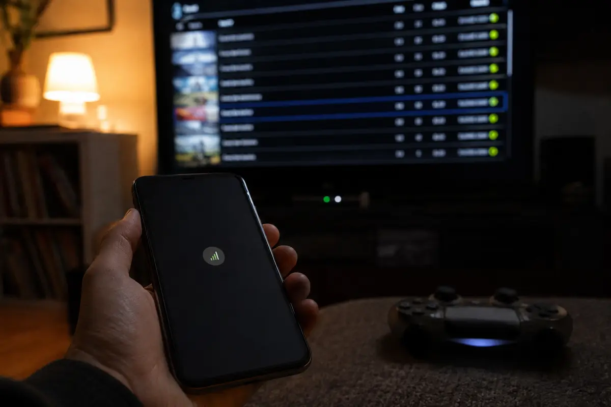 Un teléfono confirma la conexión mientras el juego ya muestra sus servidores disponibles