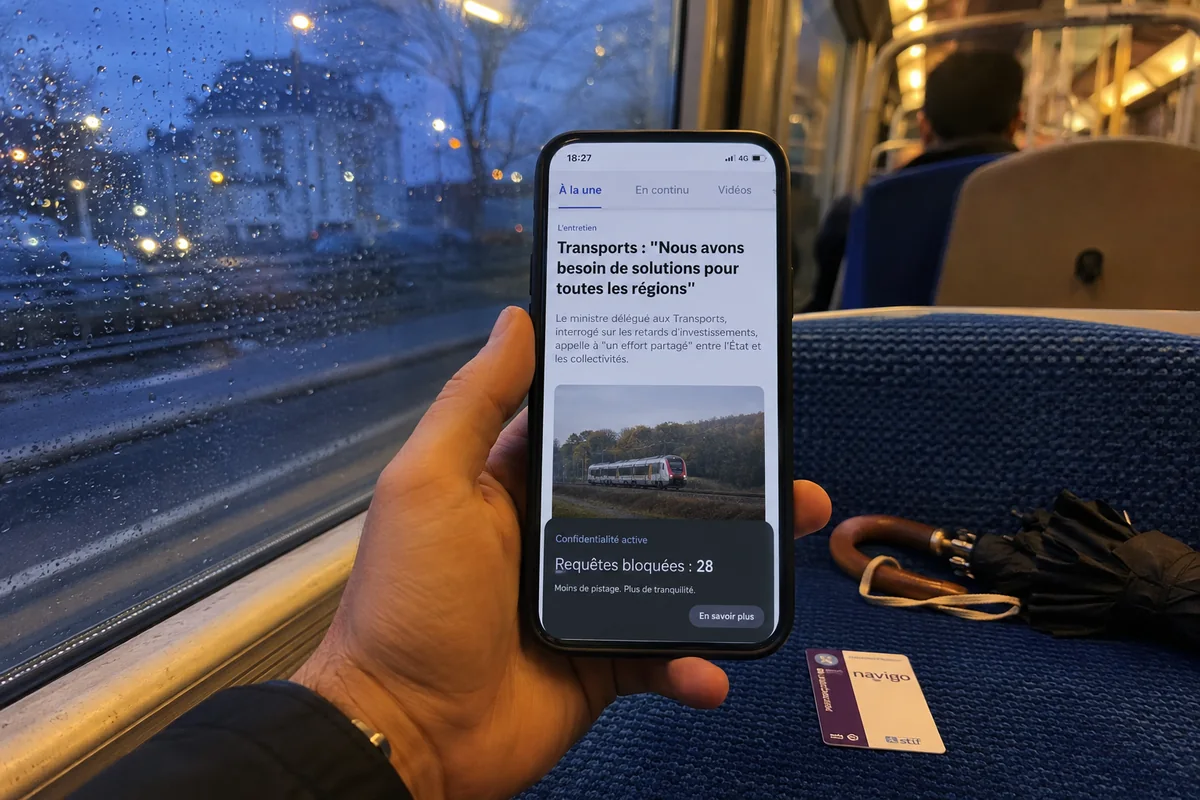 Téléphone dans un train affichant une page d’actualité et le nombre de requêtes de suivi bloquées.