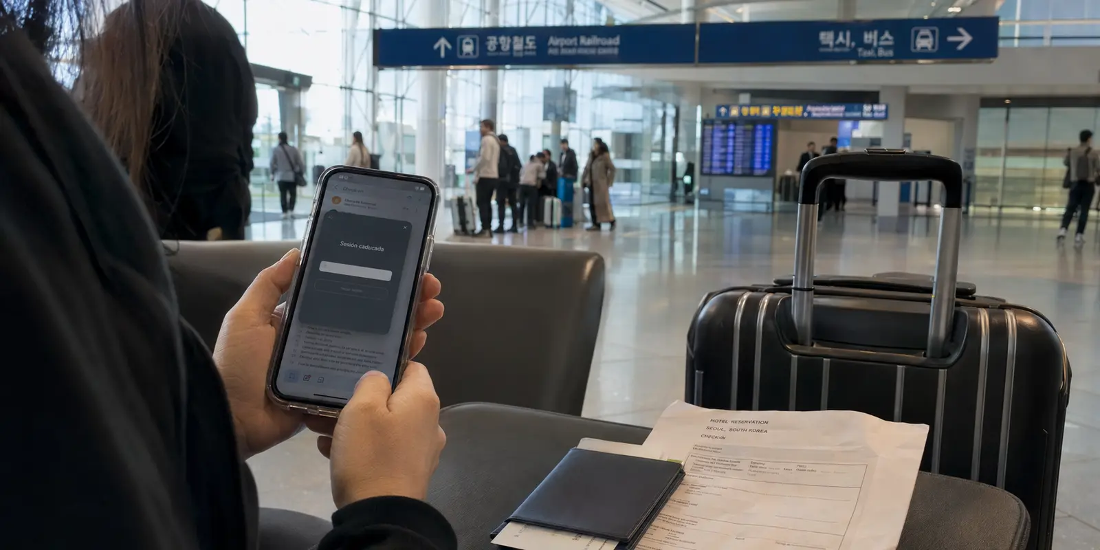 Viajera ante una sesión caducada en el Wi-Fi del aeropuerto de Incheon