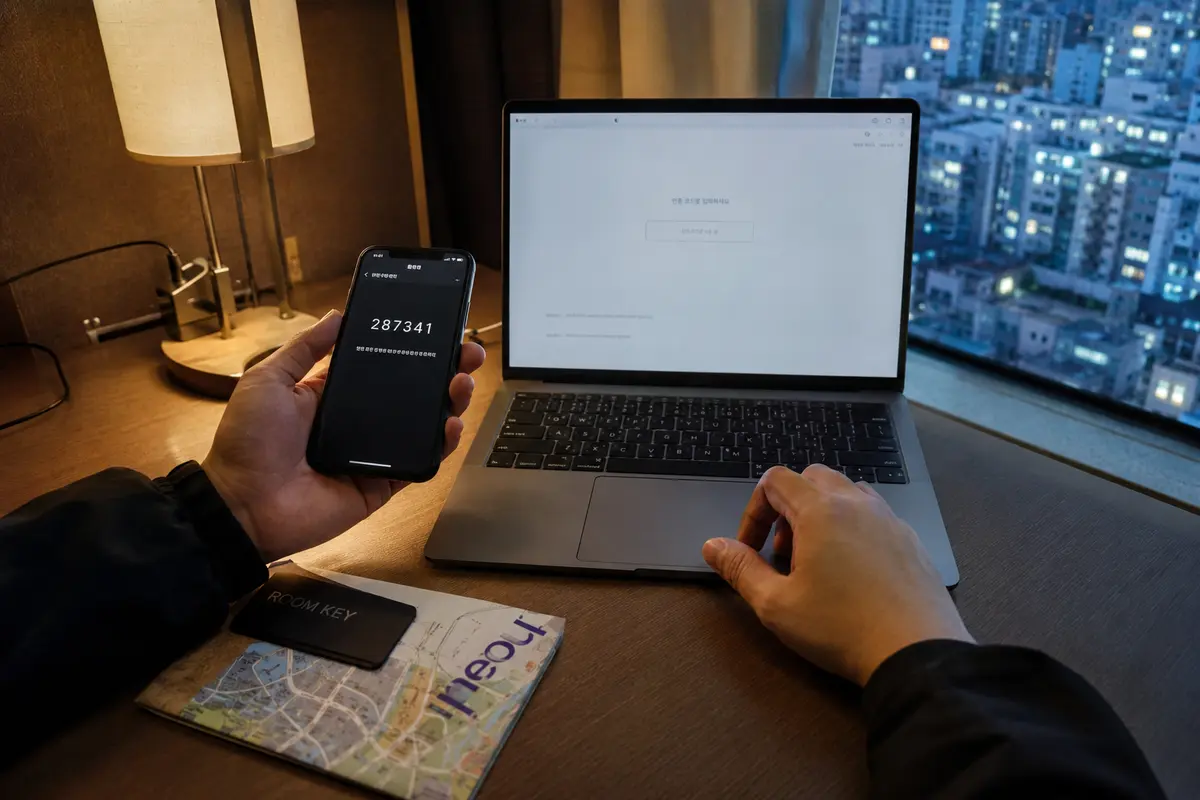 Código de verificación en un teléfono junto a un portátil en un hotel de Seúl