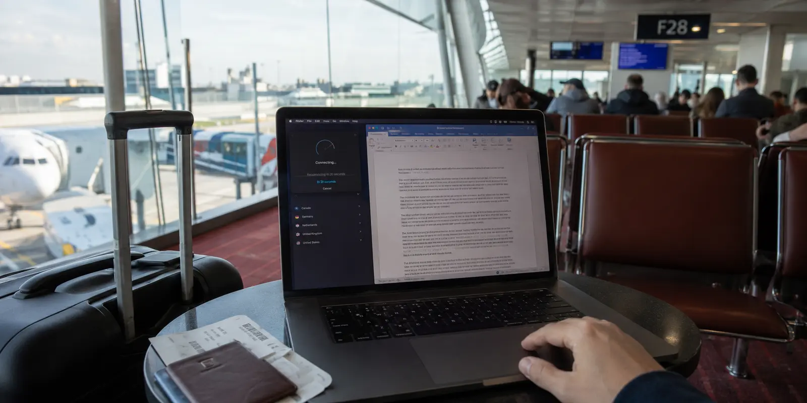 Portátil intentando reconectar la VPN junto a la puerta de embarque de un aeropuerto francés