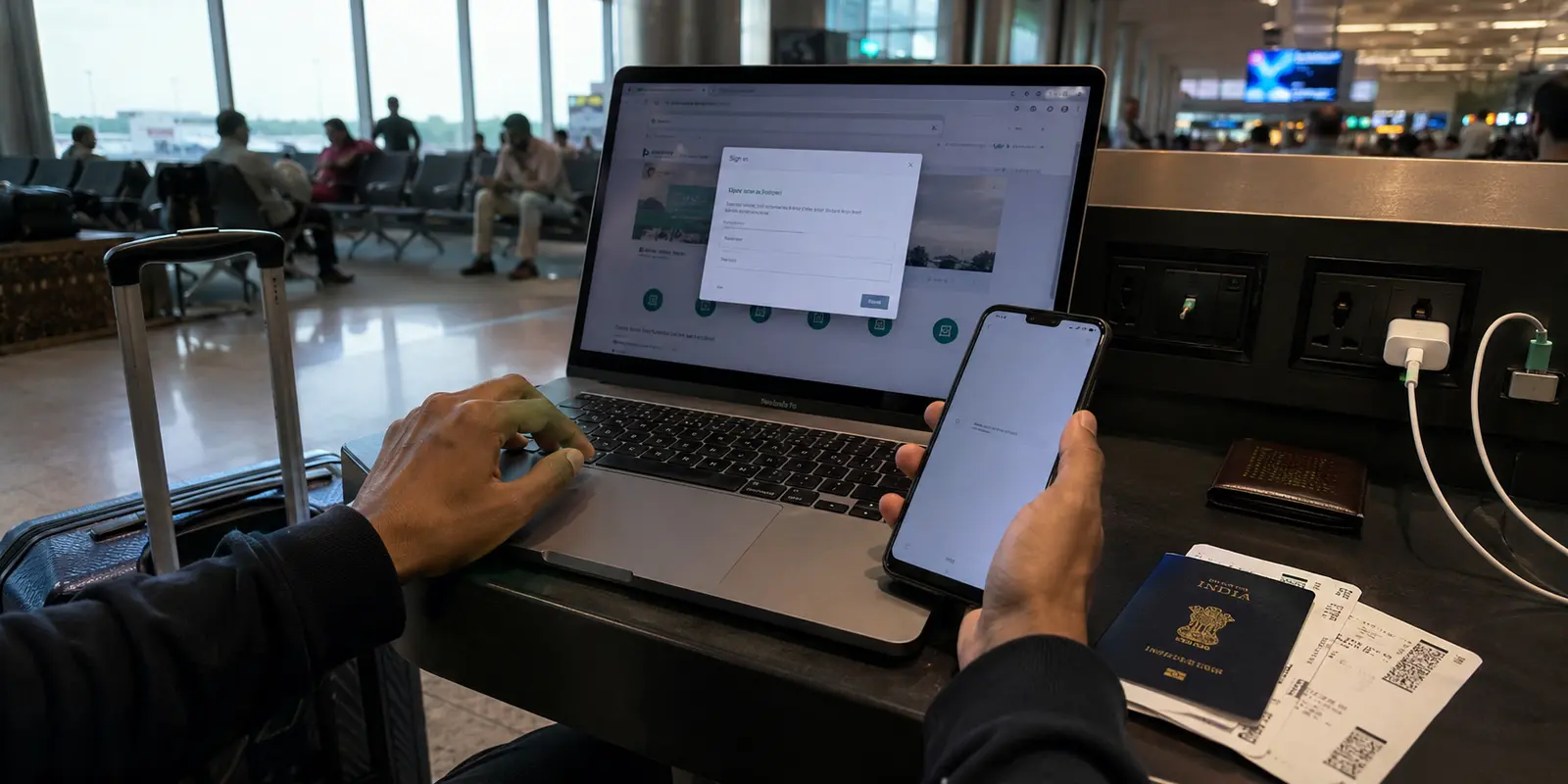 Un viajero intenta iniciar sesión en una VPN después de acceder al Wi-Fi de un aeropuerto de India