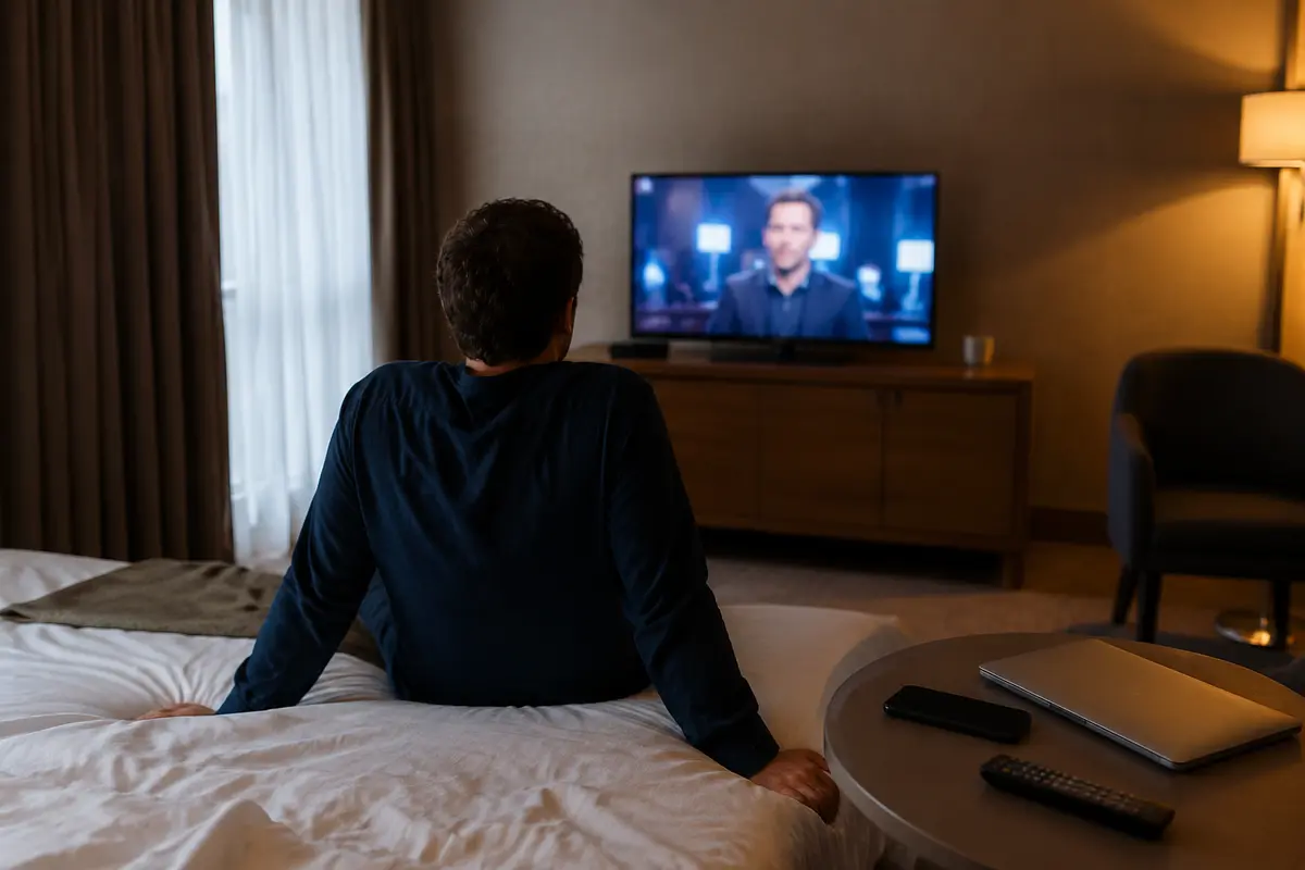 Reisender schaut entspannt Fernsehen, während Laptop und Smartphone unbenutzt bleiben