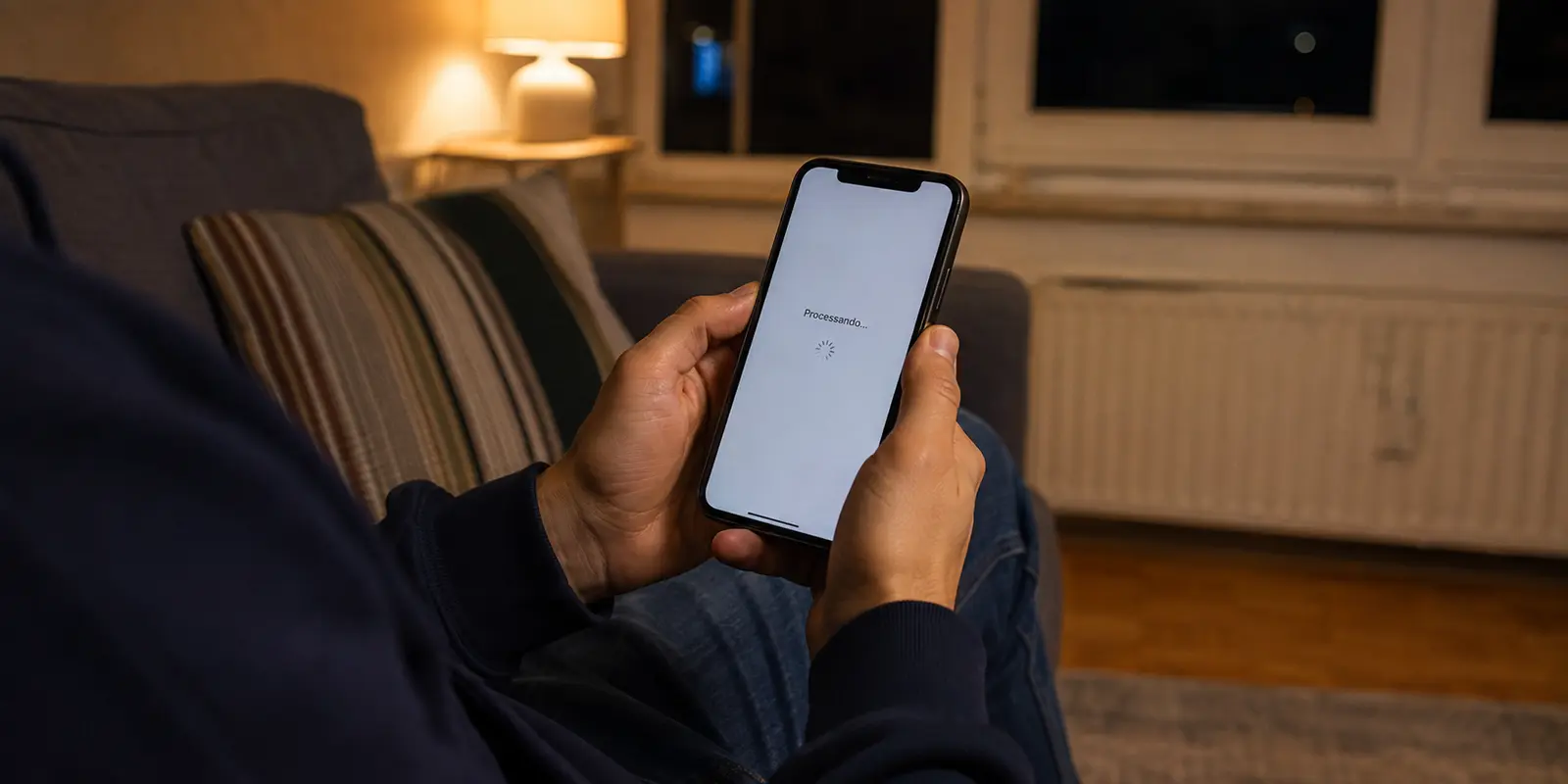 Transferência por Pix permanece processando no celular durante a noite em um apartamento na Europa