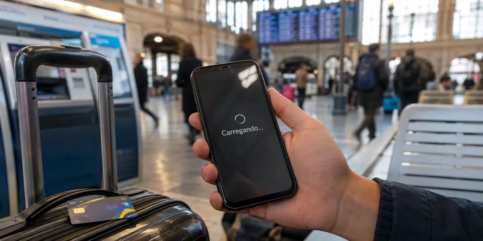 Um aplicativo bancário brasileiro fica carregando no telefone em uma estação de trem em Paris.