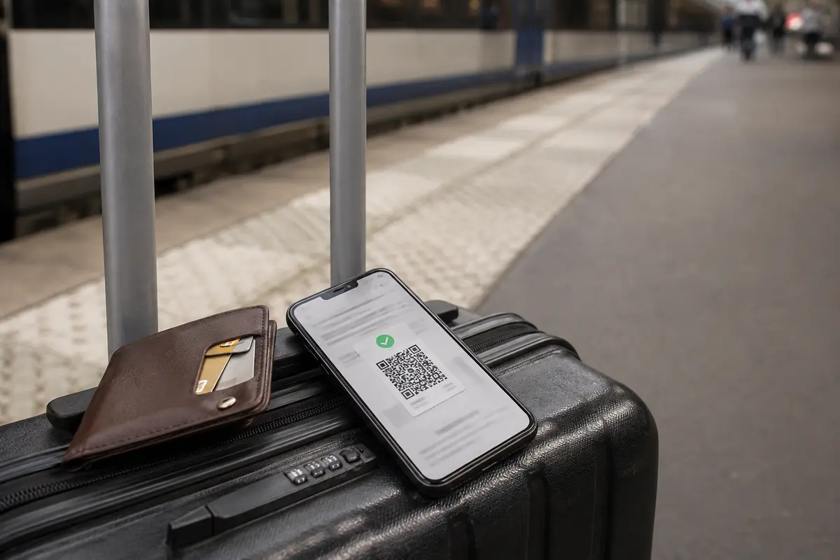 O bilhete de trem aparece no telefone sobre a mala depois que o pagamento é concluído.