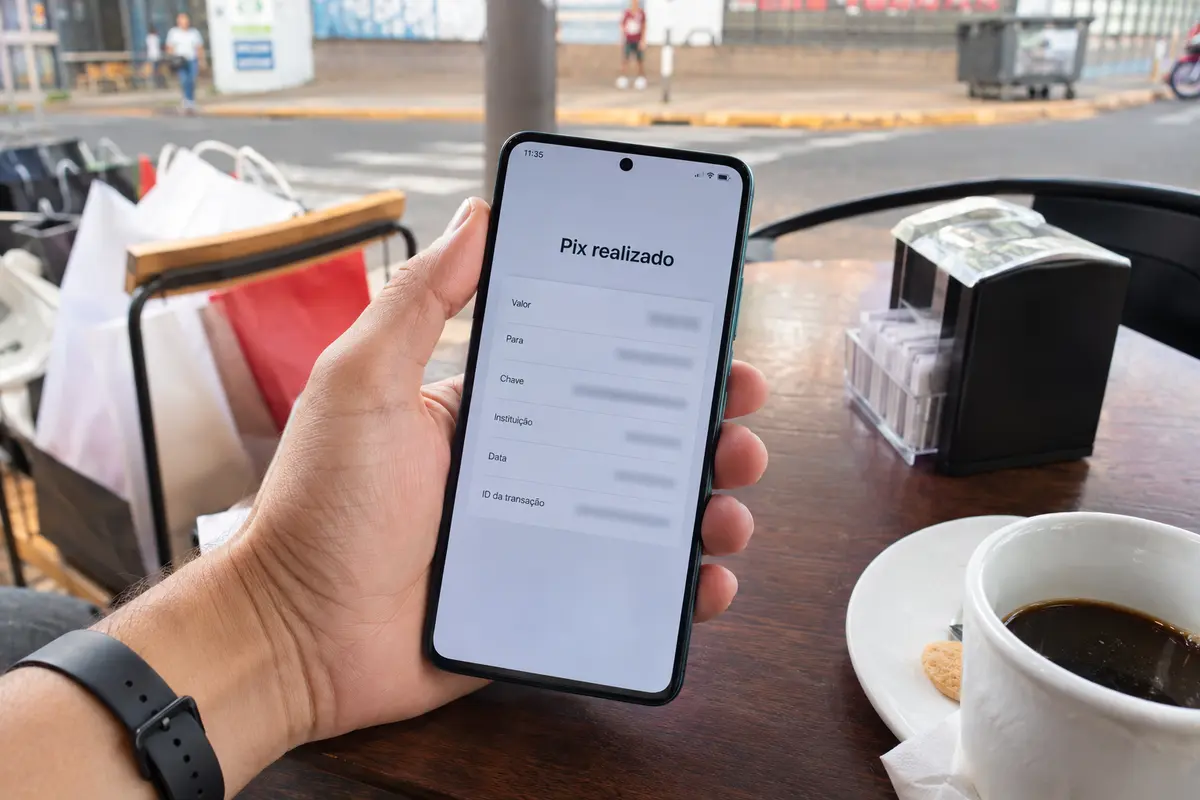 Comprovante de Pix realizado em um celular usado fora de casa em Ciudad del Este