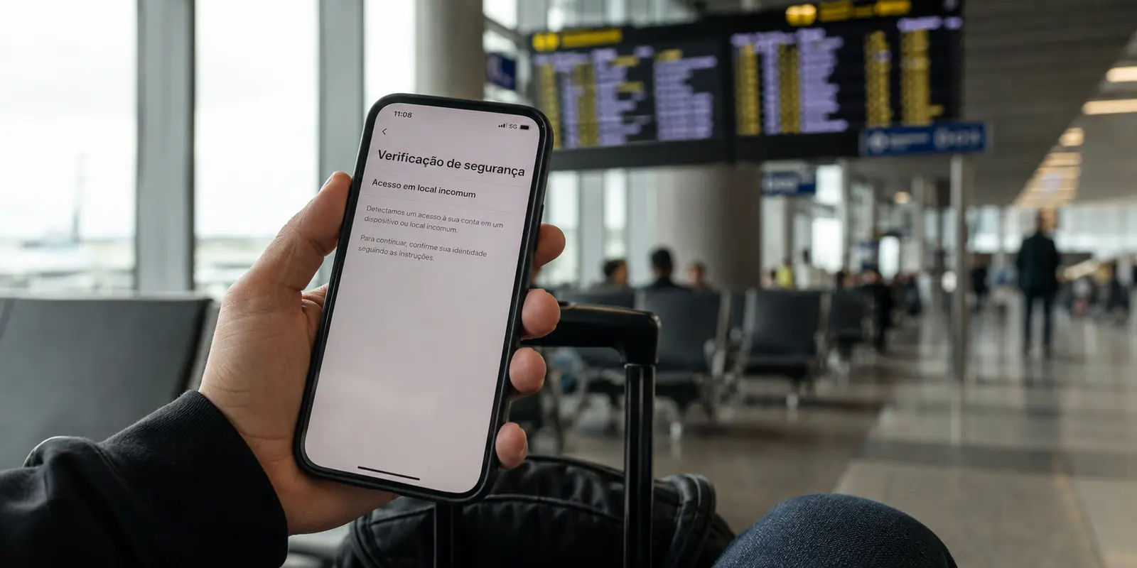 Uma conta brasileira pede verificação por acesso em local incomum durante uma conexão 5G no aeroporto