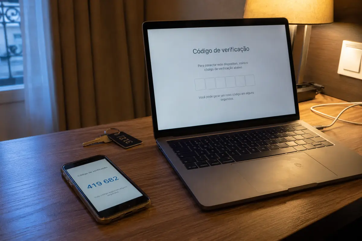 Código de verificação transferindo o acesso do celular para o notebook em um quarto de hotel