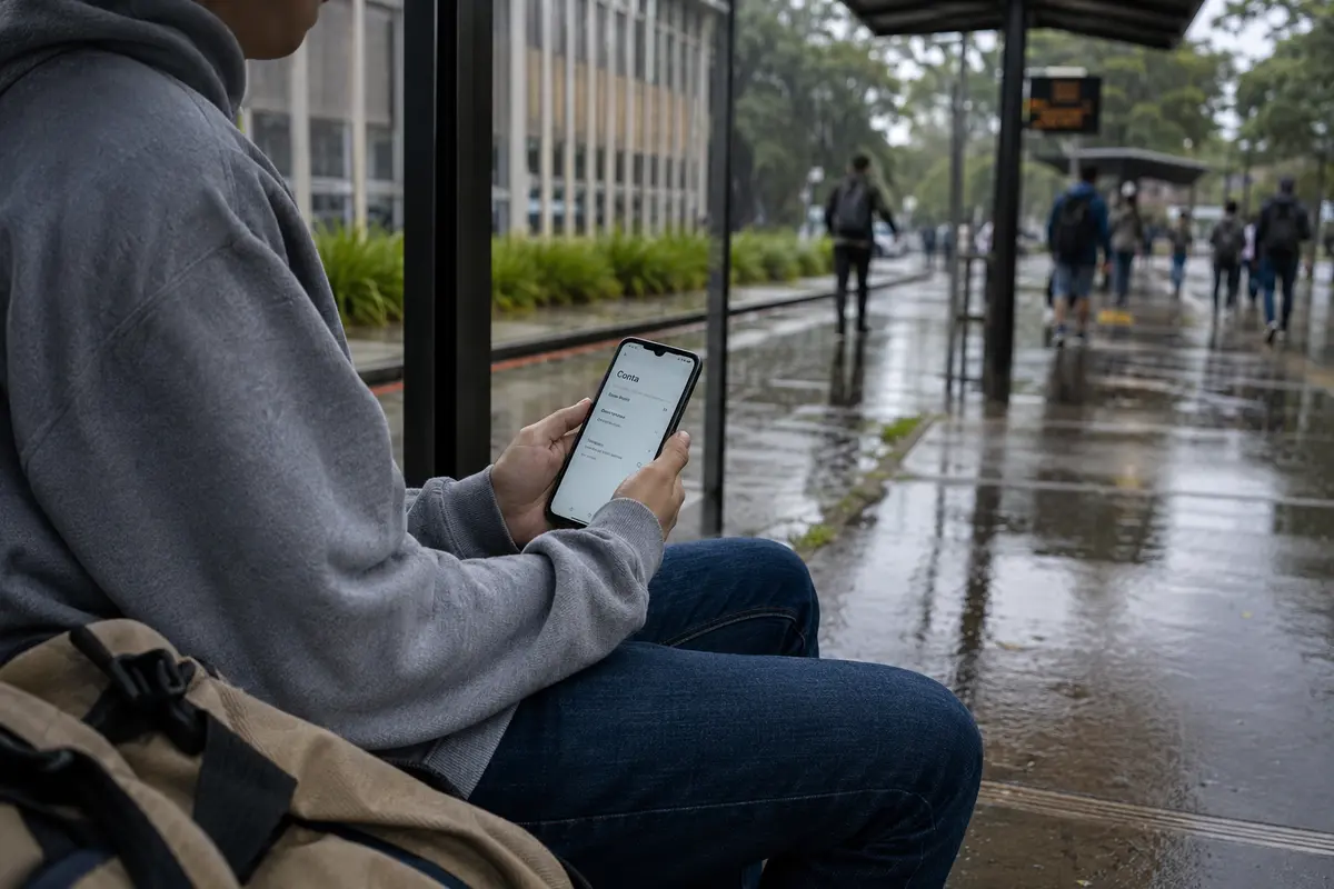 Um estudante acessa a conta no celular durante o trajeto pelo campus