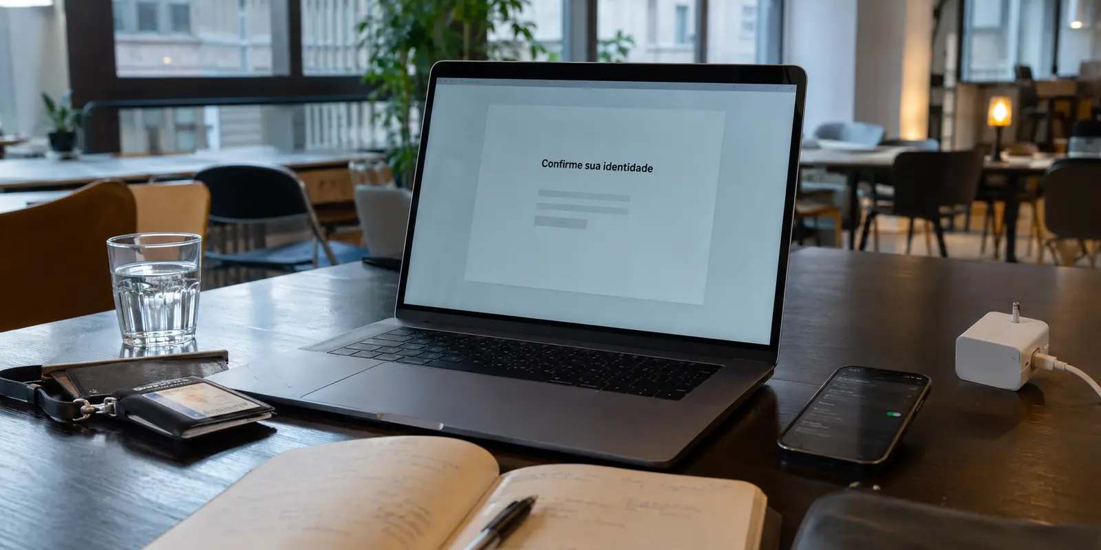 Um notebook em um coworking europeu pede confirmação de identidade após a troca de rede.