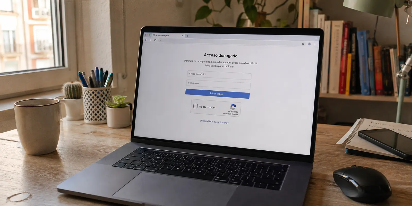 Un portal muestra acceso denegado y un CAPTCHA al entrar desde una dirección VPN compartida