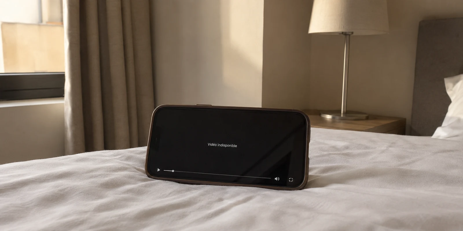 Un iPhone affiche « Vidéo indisponible » sur le lit d’une chambre d’hôtel.
