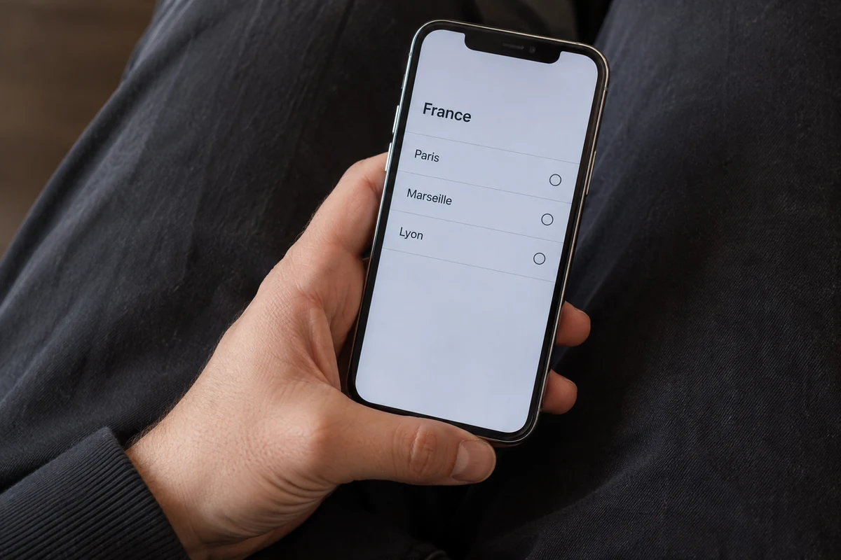 Un iPhone tenu en main présente plusieurs villes françaises dans une liste de connexion.