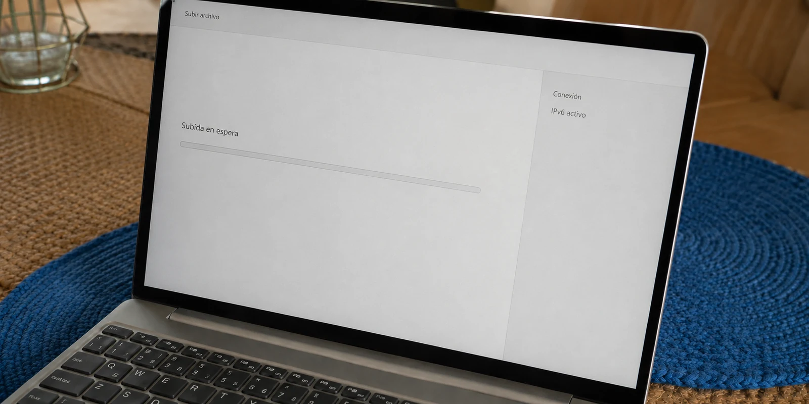 Un portátil muestra una subida en espera mientras IPv6 sigue activo.