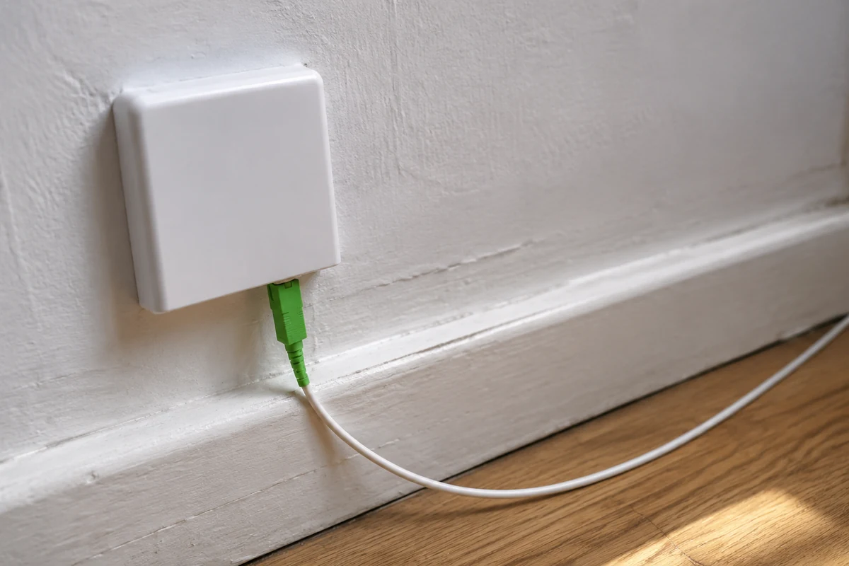 Una roseta de fibra óptica instalada en casa con su cable conectado.