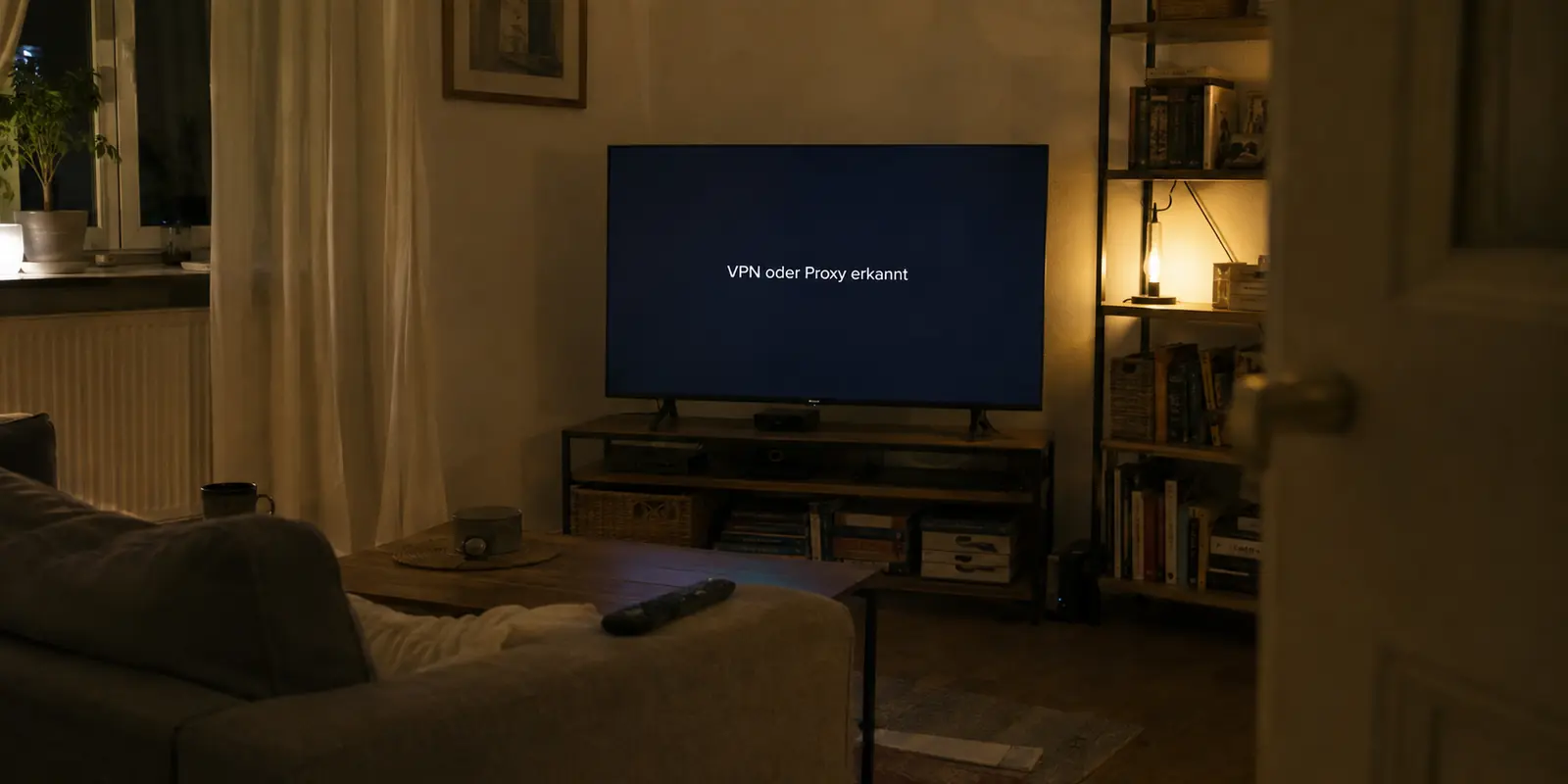 Fernseher im Wohnzimmer mit der Meldung ‚VPN oder Proxy erkannt‘, obwohl kein VPN aktiv ist