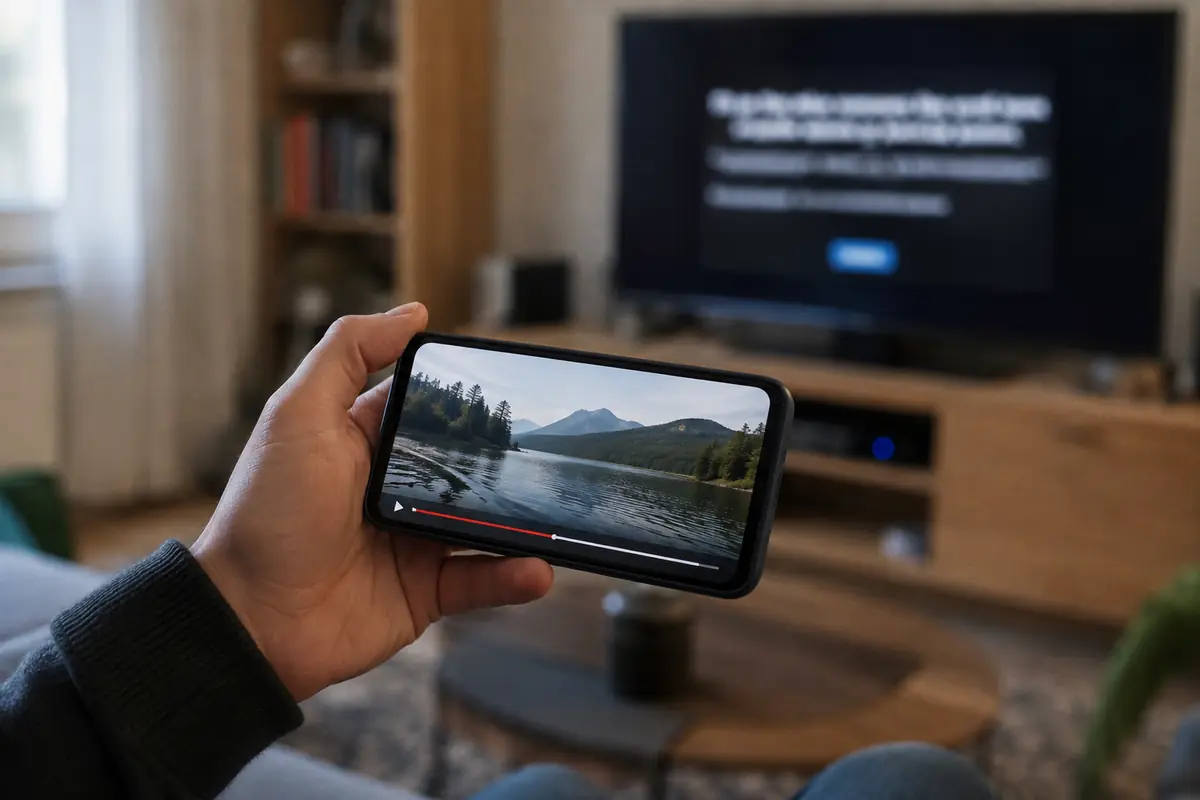 Smartphone spielt denselben Stream über Mobilfunk ab, während der Fernseher im Heimnetz die Proxy-Meldung zeigt