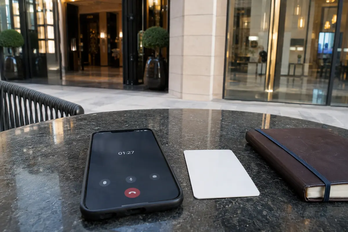 Ein laufender Smartphone-Anruf vor dem Hoteleingang