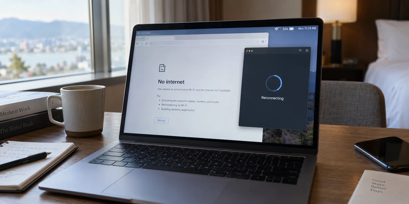 A laptop has full Wi-Fi but no internet while its VPN reconnects.