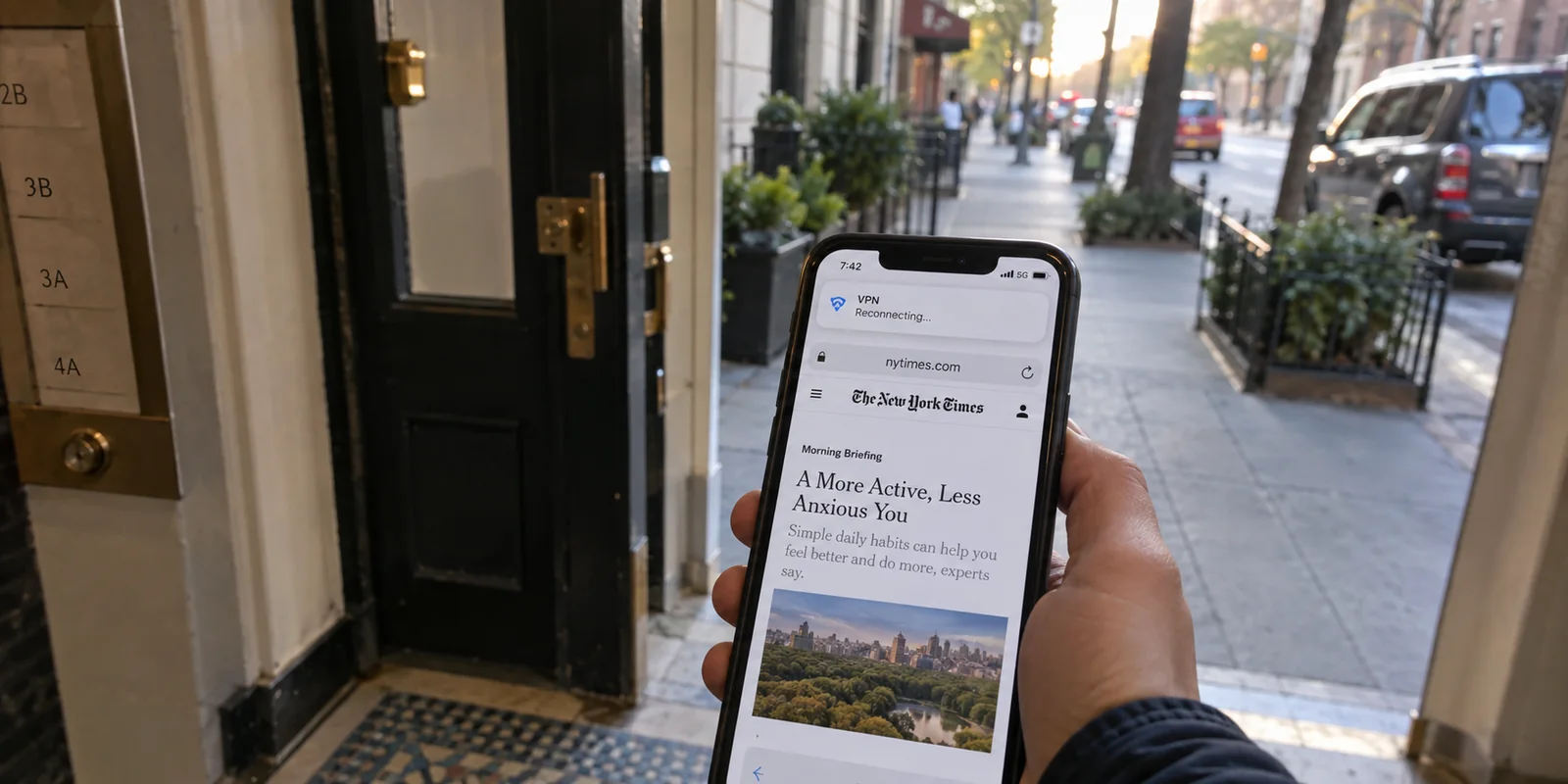 A phone loads a page over 5G while the VPN is still reconnecting after leaving Wi-Fi.