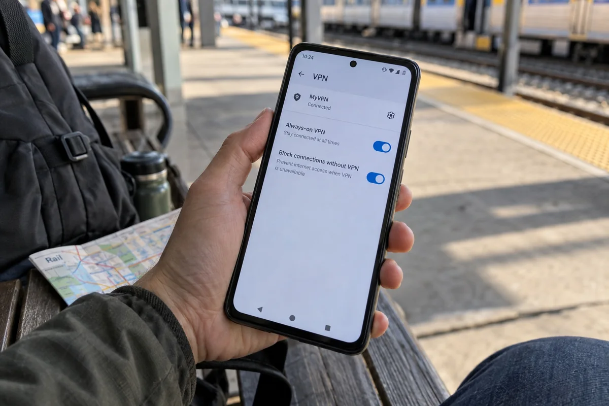 Android VPN settings with Always-on VPN and Block connections without VPN enabled at a train platform.