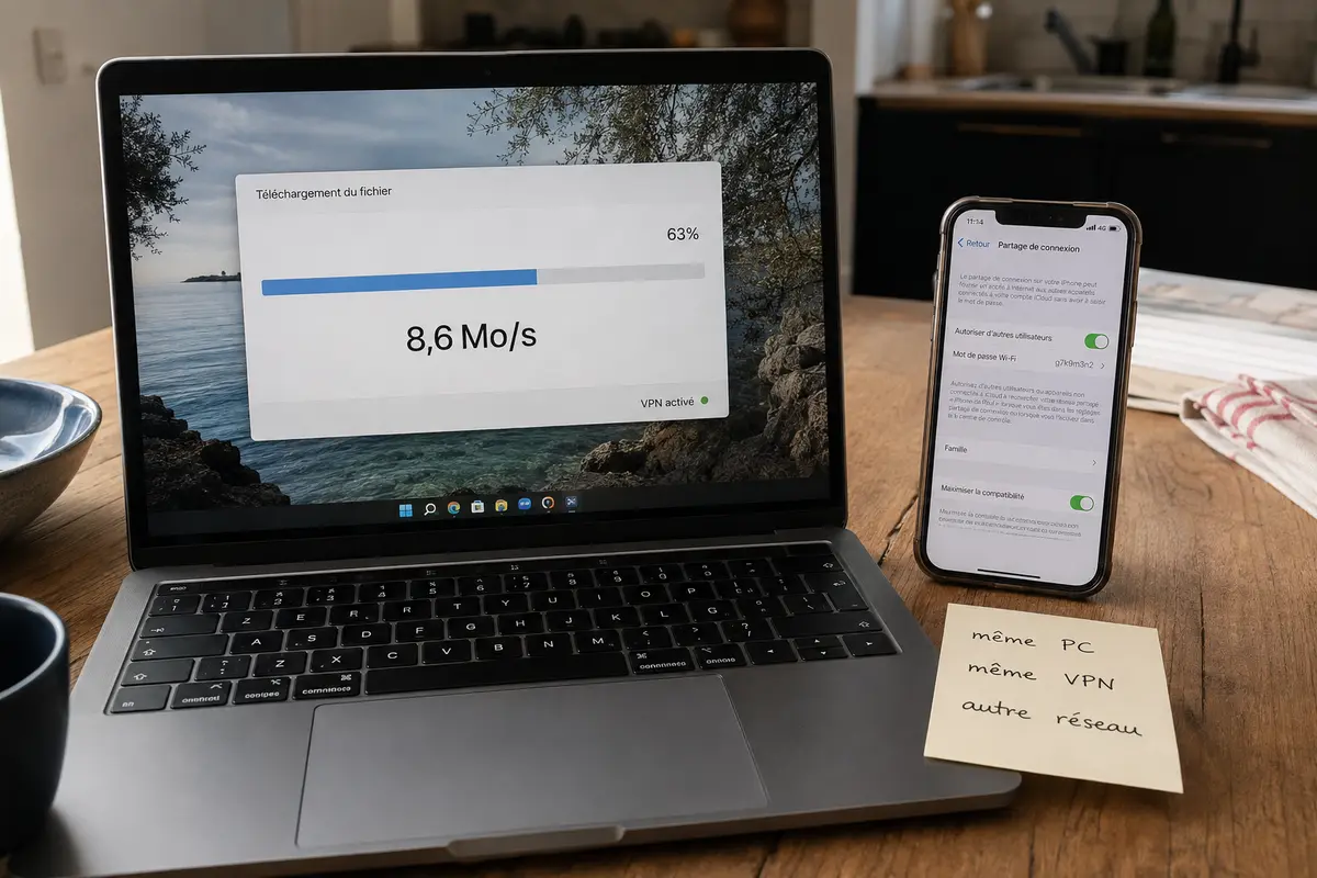 Le même ordinateur et le même VPN téléchargent plus vite lorsque seul l’accès Internet est remplacé par le partage de connexion d’un téléphone