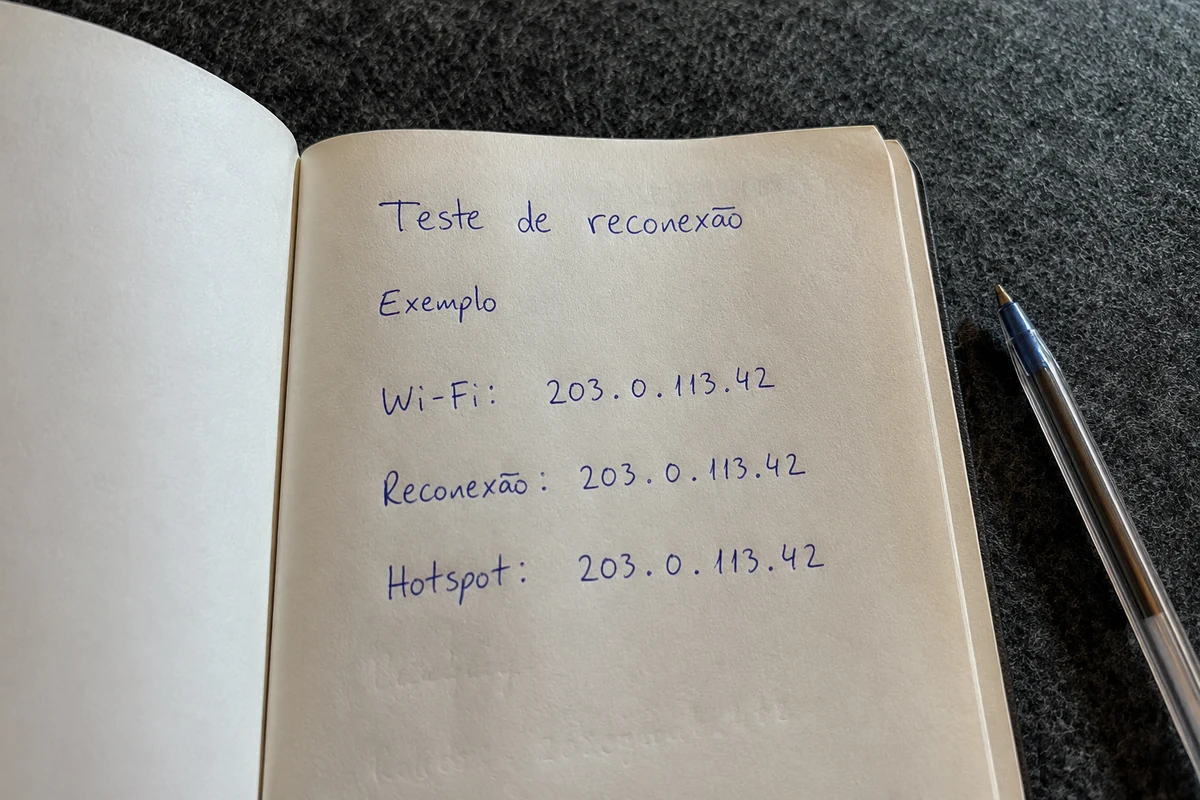 Anotações de exemplo mostram o mesmo endereço IP após reconexão e troca para hotspot.