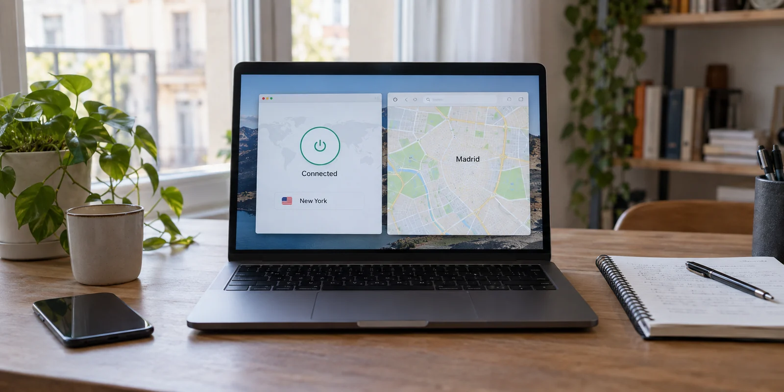 A laptop showing a VPN connected through New York while a browser map identifies Madrid.