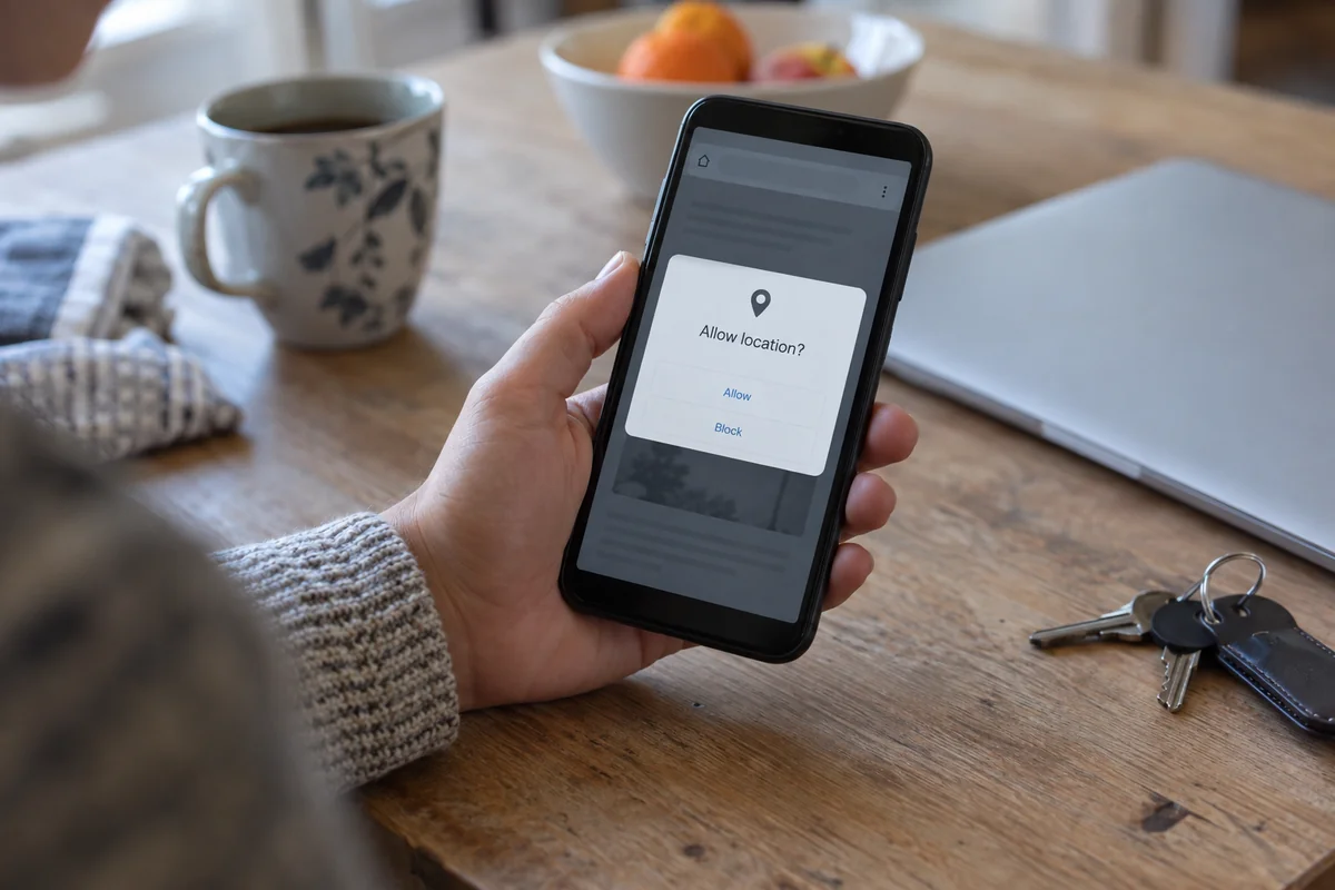A smartphone displaying a browser request to allow or block location access.