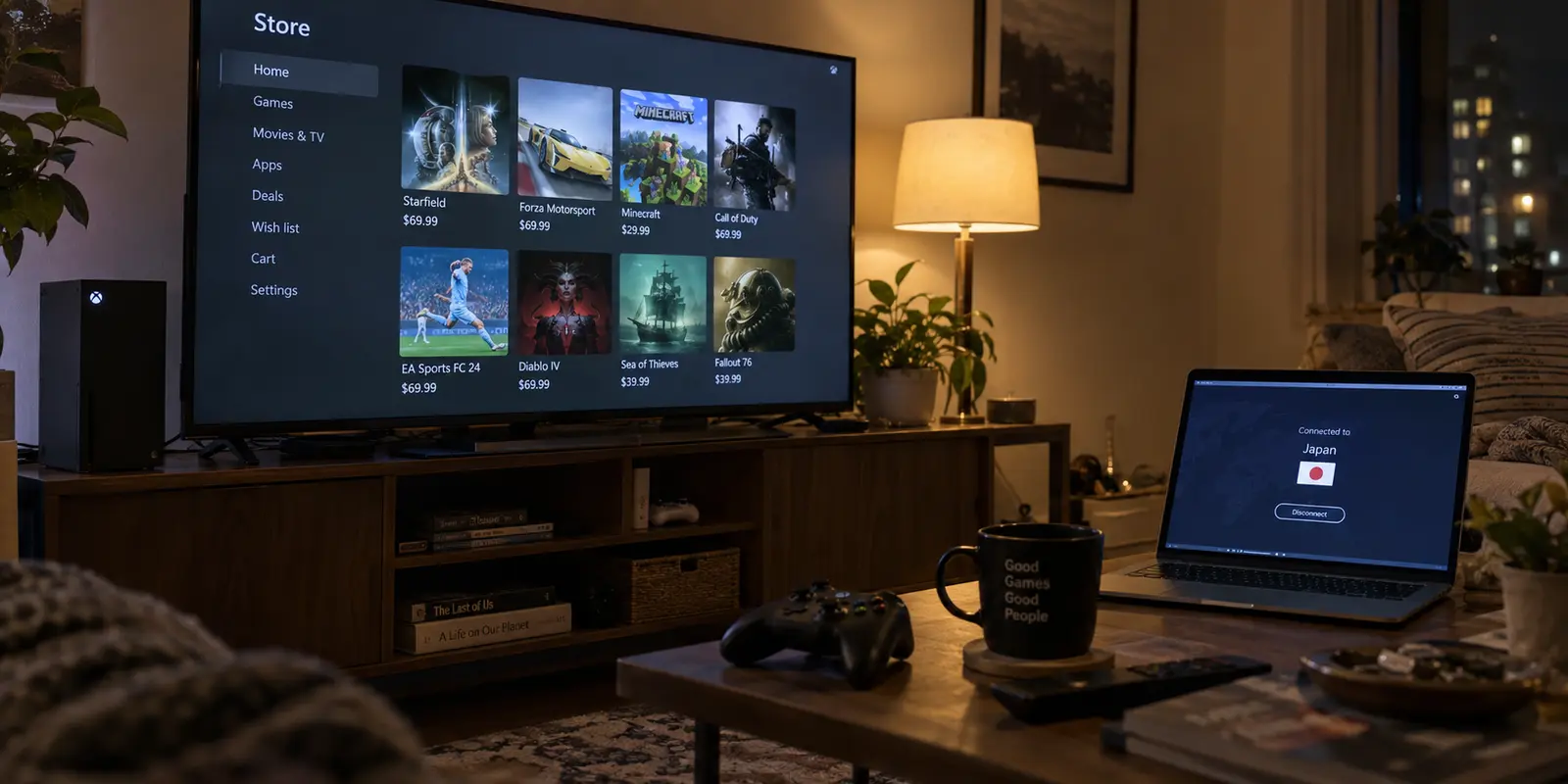 An Xbox Store still shows dollar prices while a nearby laptop is connected through Japan.