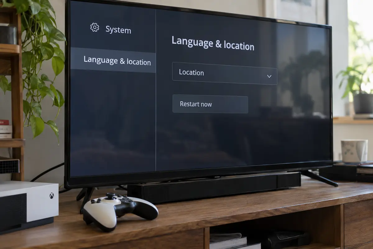 A television displays the console Language and location settings beside a controller.