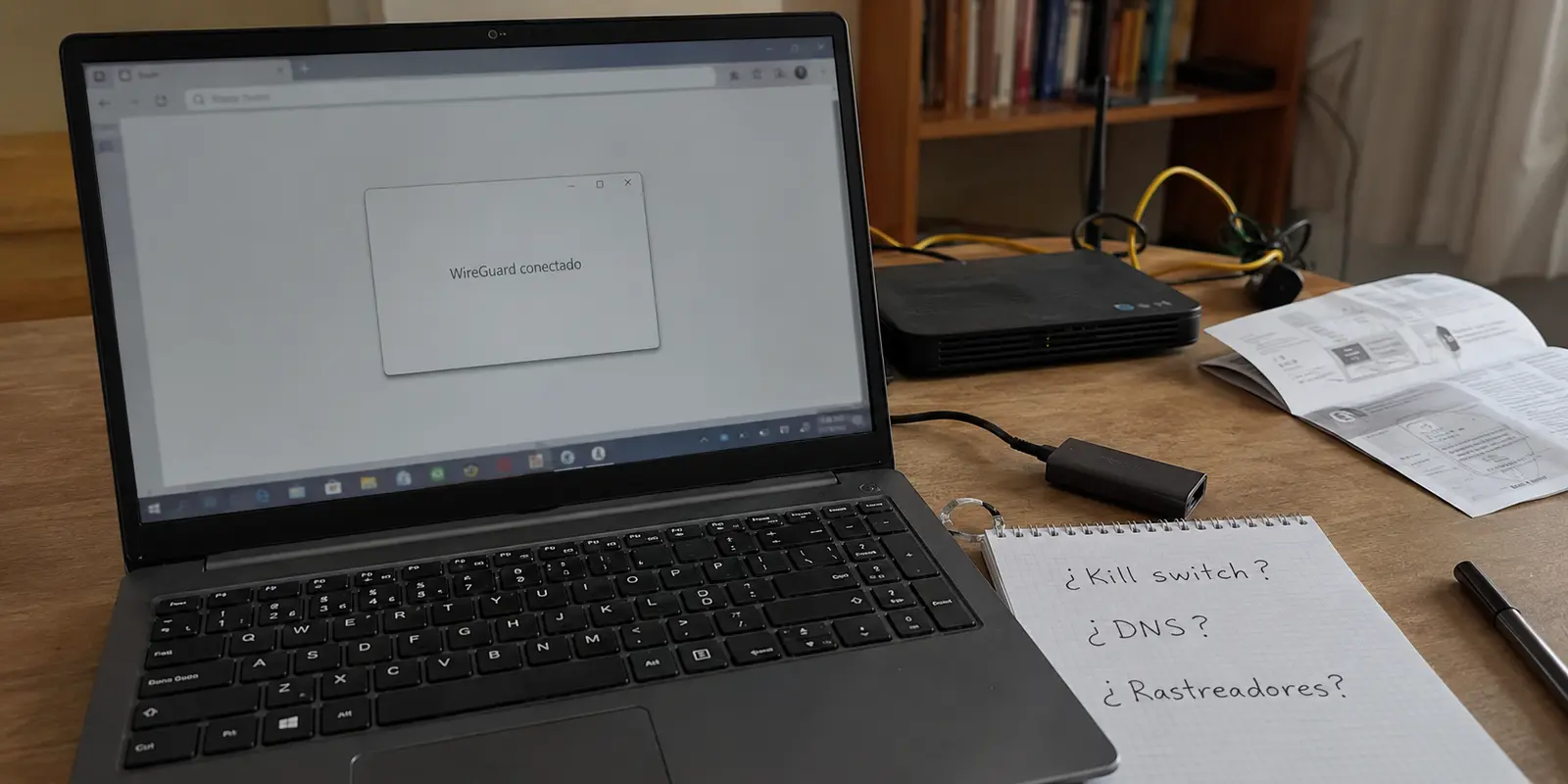 WireGuard conectado en un portátil junto a preguntas sobre las protecciones que rodean el túnel