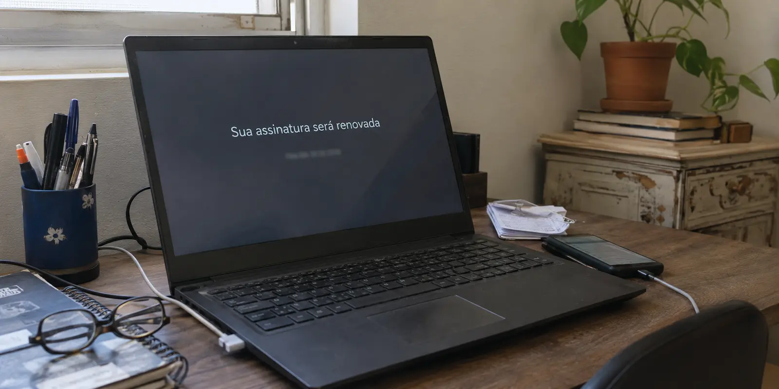 Um notebook exibe um aviso de renovação de assinatura em uma mesa de trabalho usada há muito tempo.