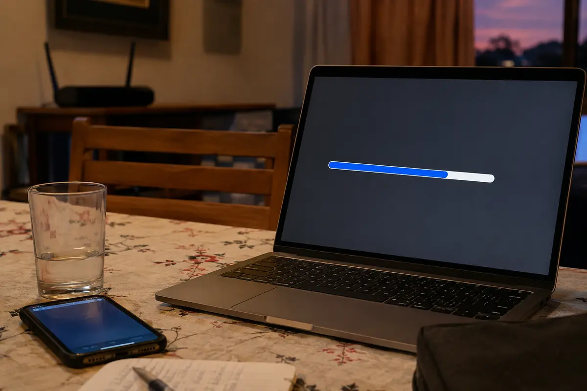 Um envio de arquivo continua no notebook enquanto o telefone assume a conexão e o roteador está apagado.