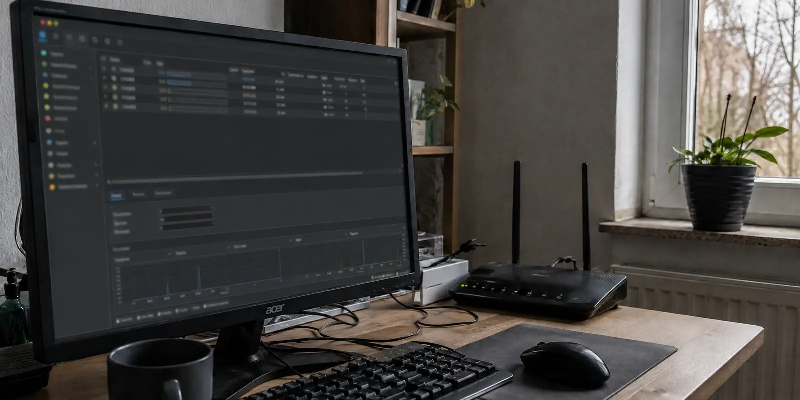 Linux-Arbeitsplatz mit Torrent-Anwendung und Router im Heimnetz