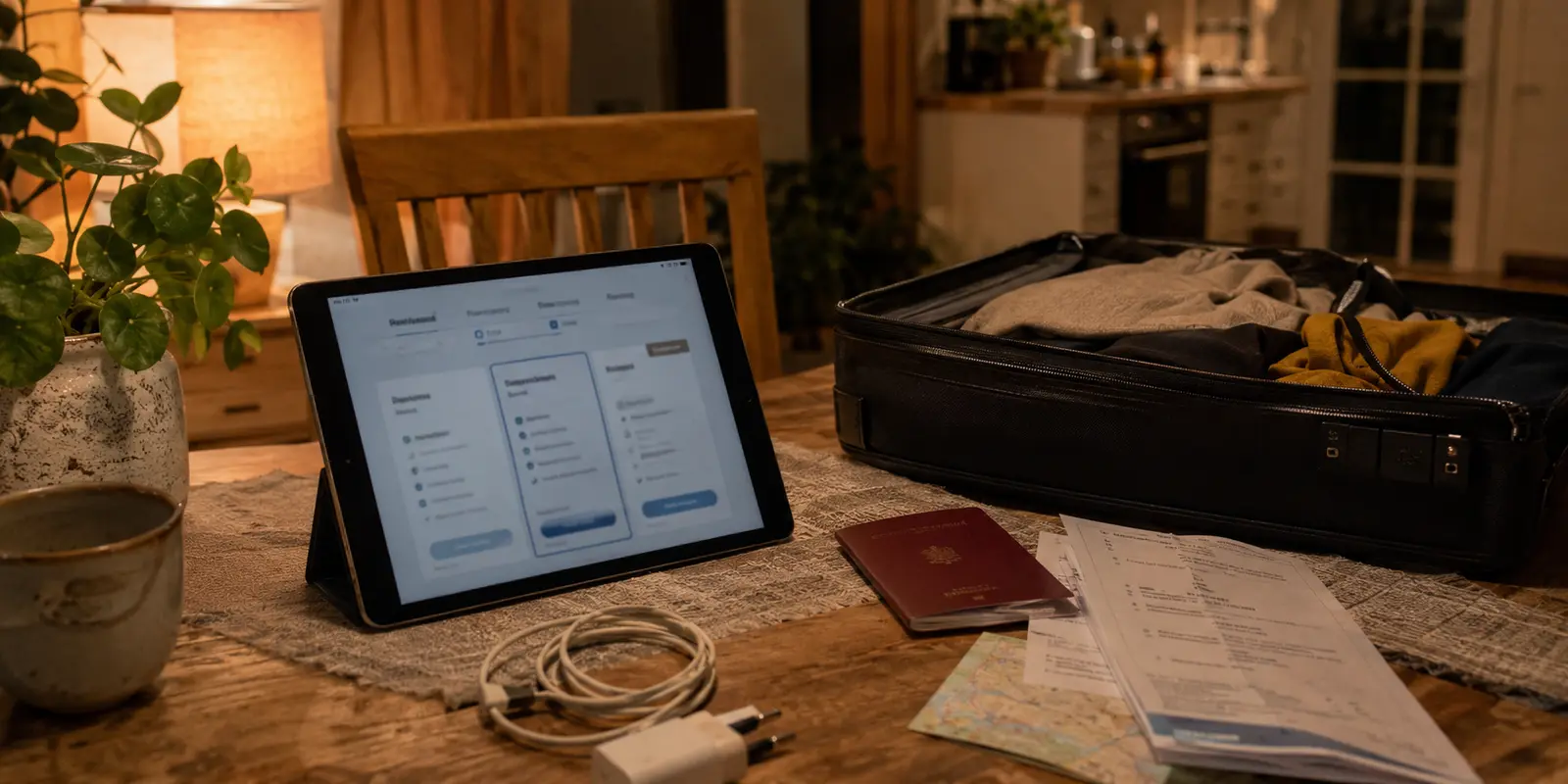 Ein Tablet mit VPN-Tarifen neben einem gepackten Koffer am Abend vor der Reise