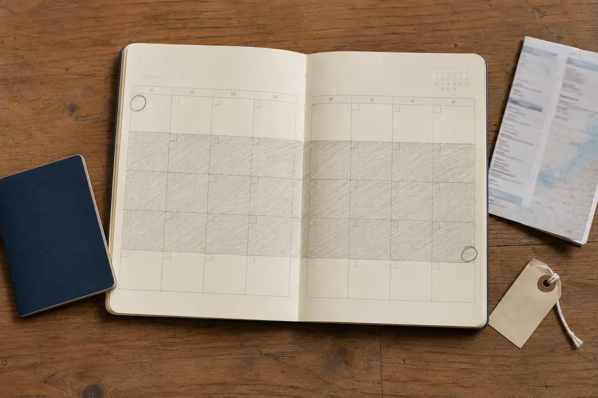 Ein Monatskalender mit markiertem Reisezeitraum, Reisepass und Gepäckanhänger