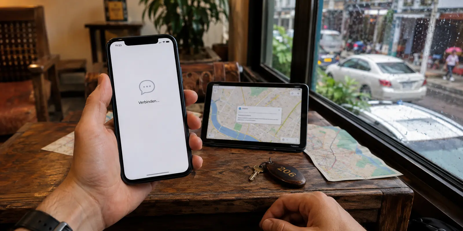 In Yangon bleibt die Nachrichten-App beim Verbinden hängen, während Karte und E-Mail erreichbar sind