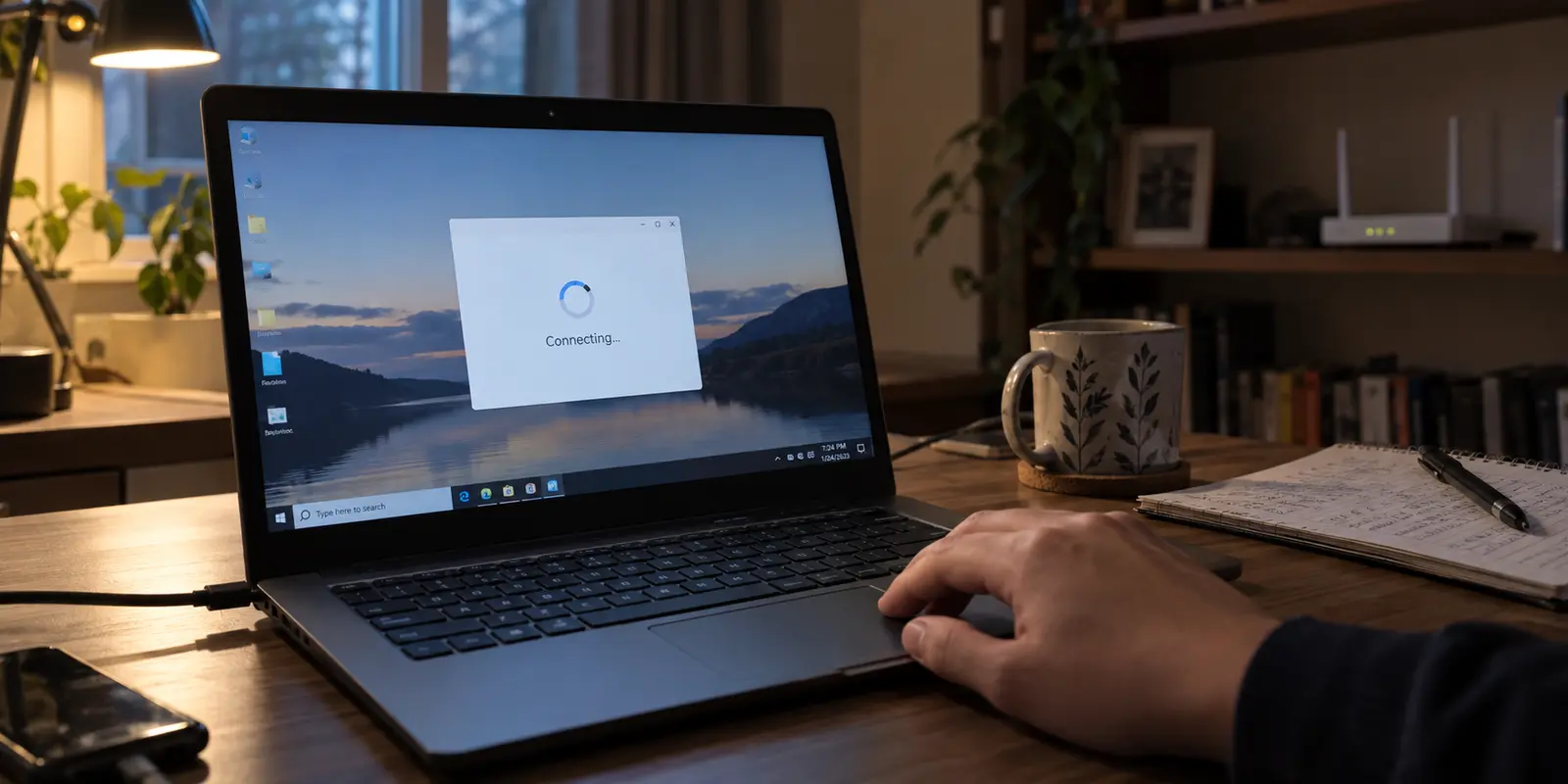 A Windows VPN client remains stuck on Connecting at a home-office desk