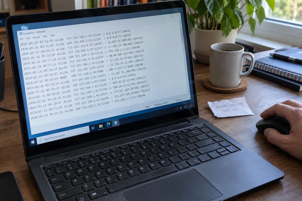 A Windows firewall log is checked against the time of a failed connection