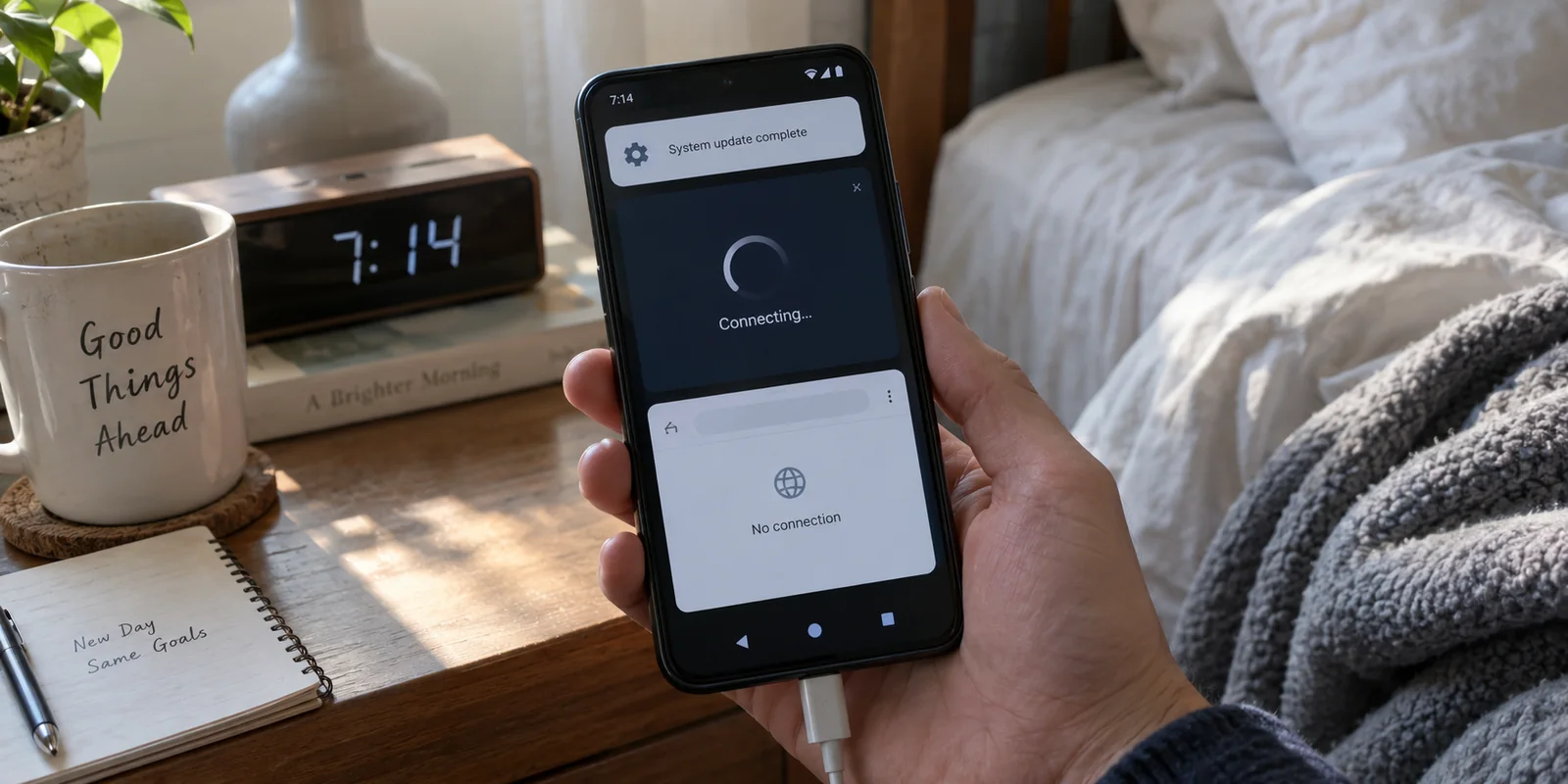 An Android phone is stuck connecting to a VPN after a system update.