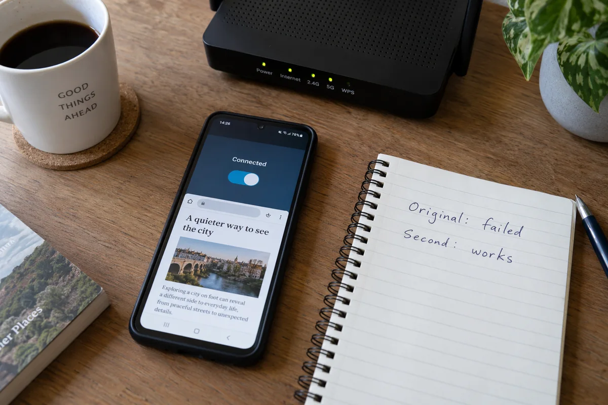 A second VPN connects and loads a webpage on the same Android phone and Wi-Fi network.
