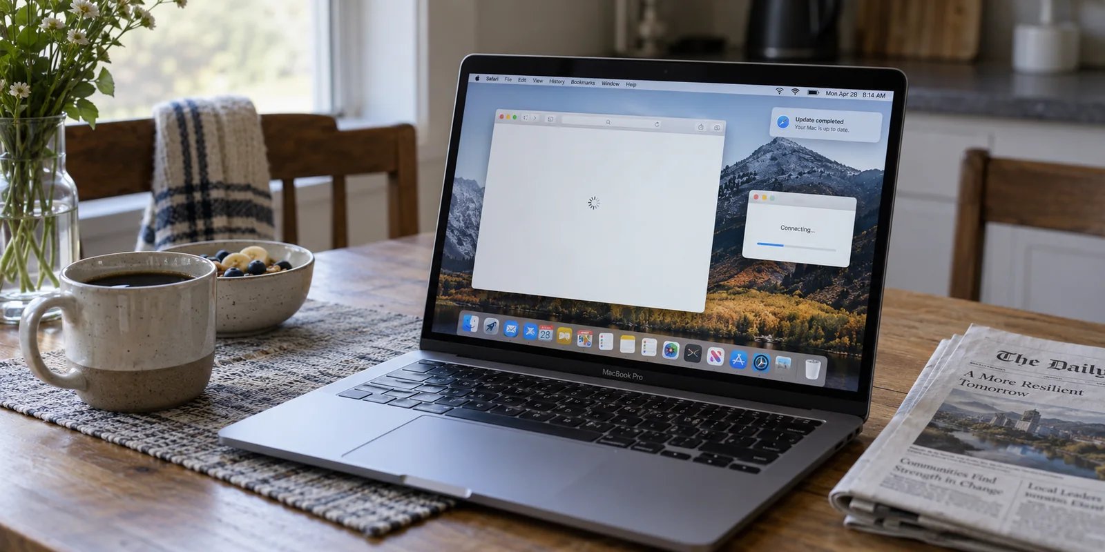 A Mac shows a completed update, a blank browser, and a VPN stuck connecting.