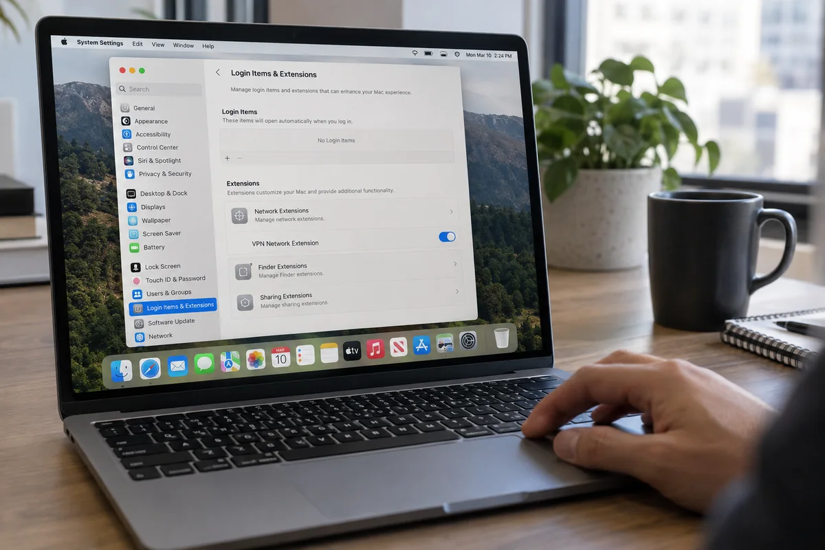 macOS System Settings shows the VPN Network Extension enabled.