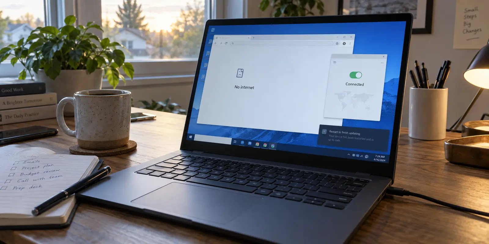 A Windows laptop showing a connected VPN beside a browser that reports no internet after an update