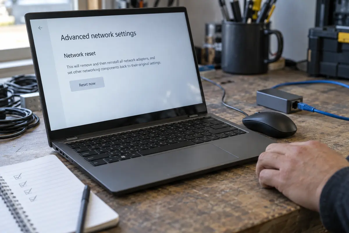 A Windows laptop open to Network reset while the user pauses before clicking Reset now