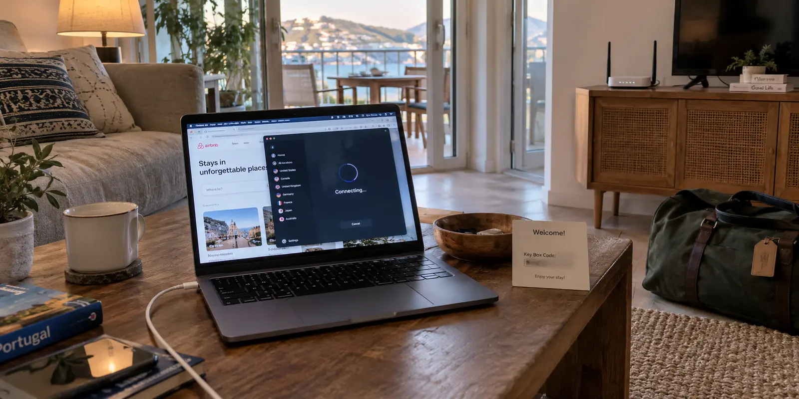 A VPN stuck connecting on a laptop in a vacation rental with the host router across the room
