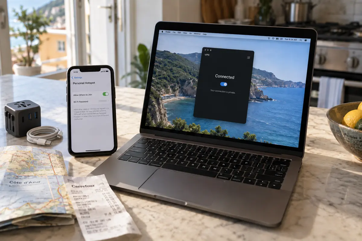 A laptop VPN connected successfully through a phone personal hotspot in a rental kitchen