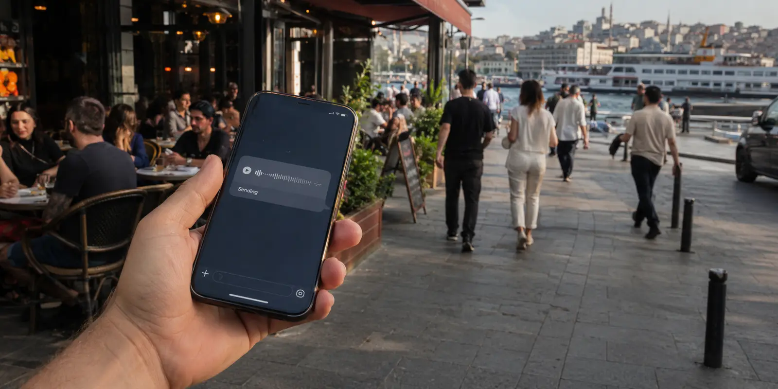 A voice message remains stuck on Sending on a phone outside a busy Istanbul waterfront cafe